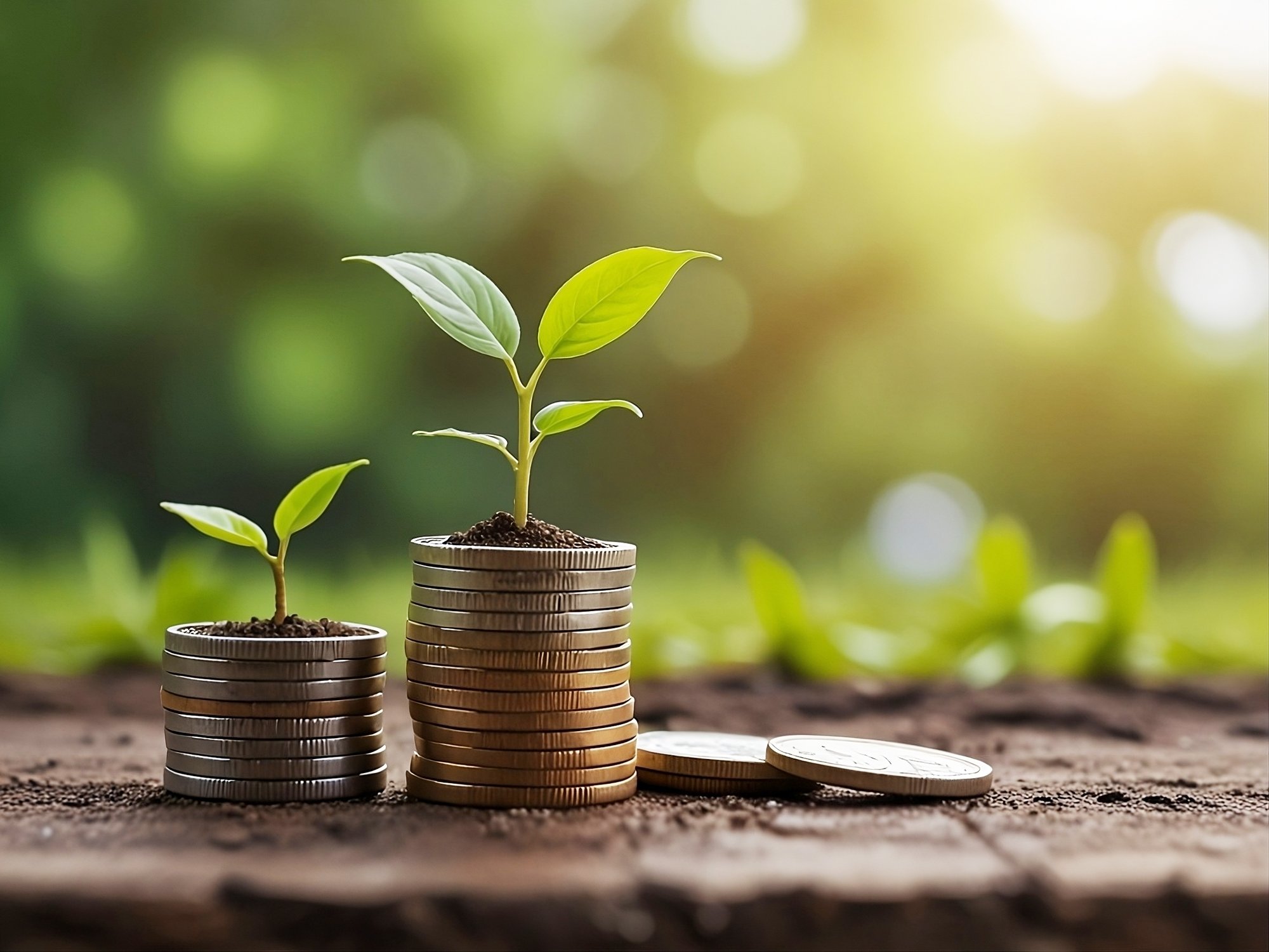 pile of coins and seedlings for green funding concept