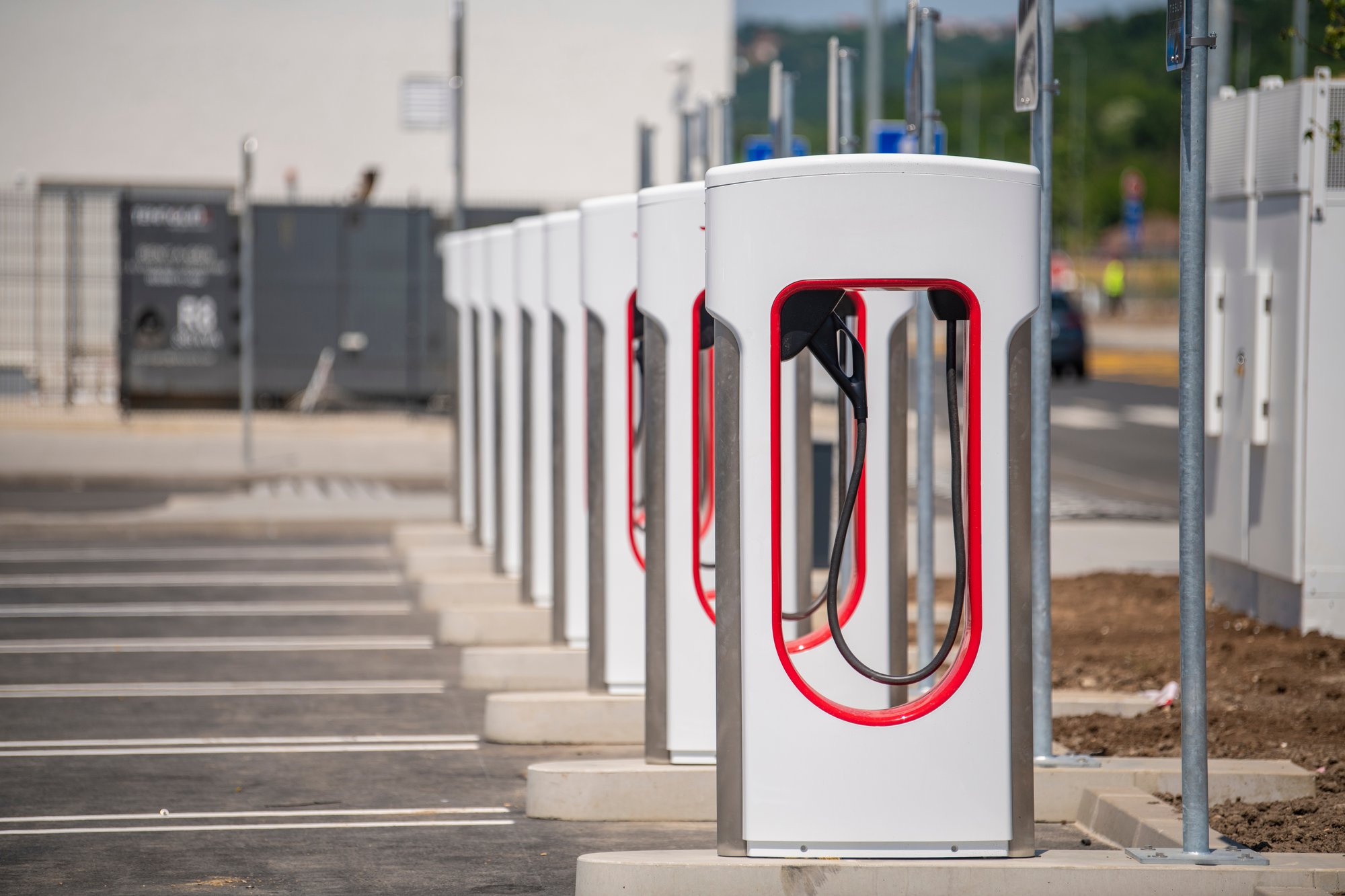 row of charging stations for electric vehicle fleet